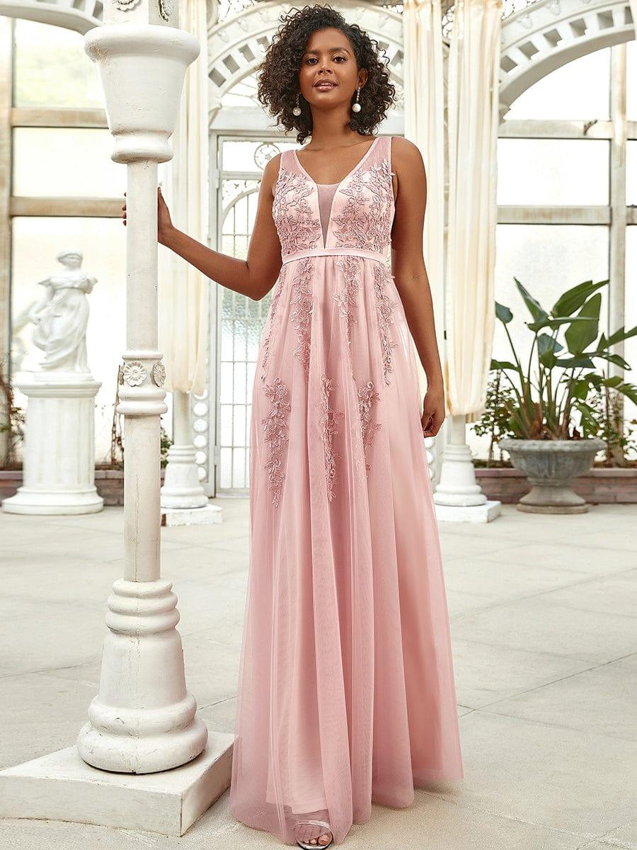 Elegant Sleeveless Applique Flowy Tulle Evening Dress #color_Pink