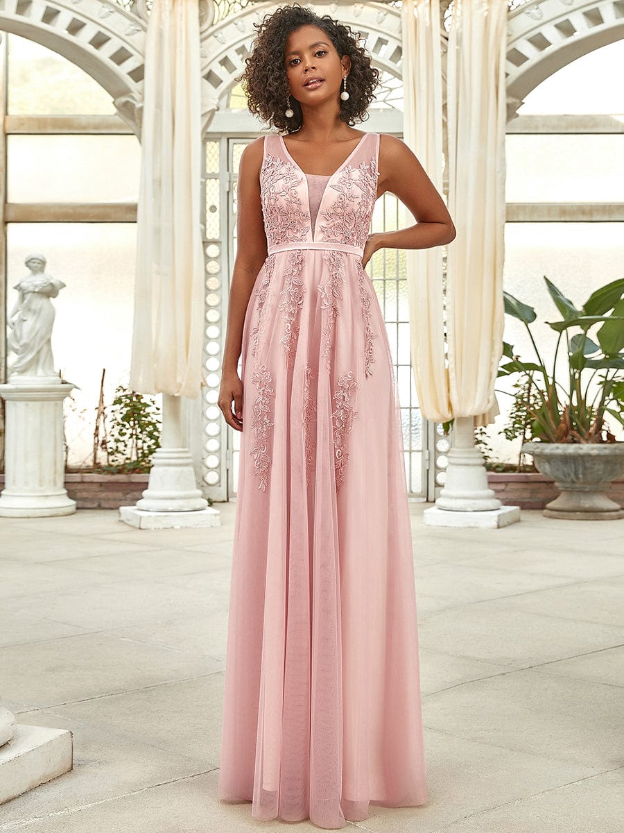 Custom Size Elegant Sleeveless Applique Flowy Tulle Evening Dress #color_Pink