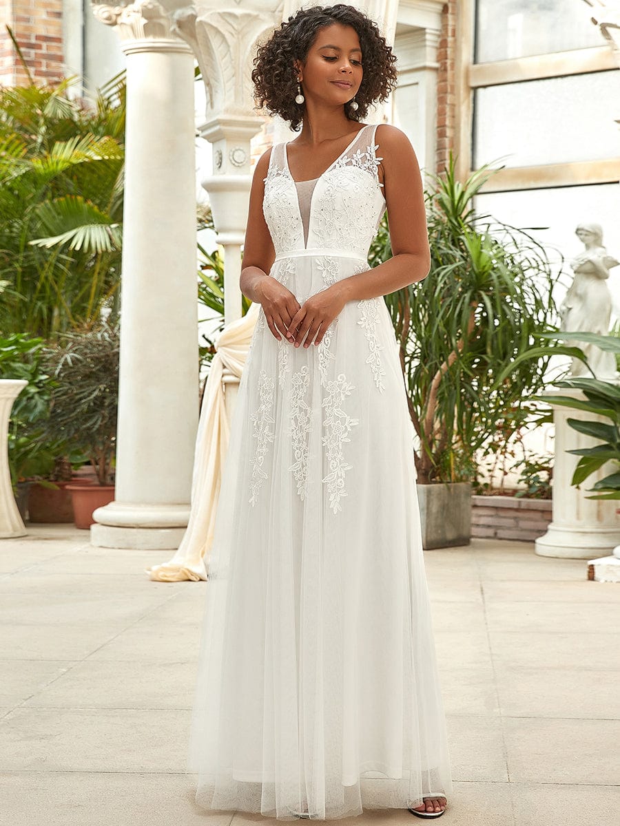 Custom Size Elegant Sleeveless Applique Flowy Tulle Evening Dress #color_White