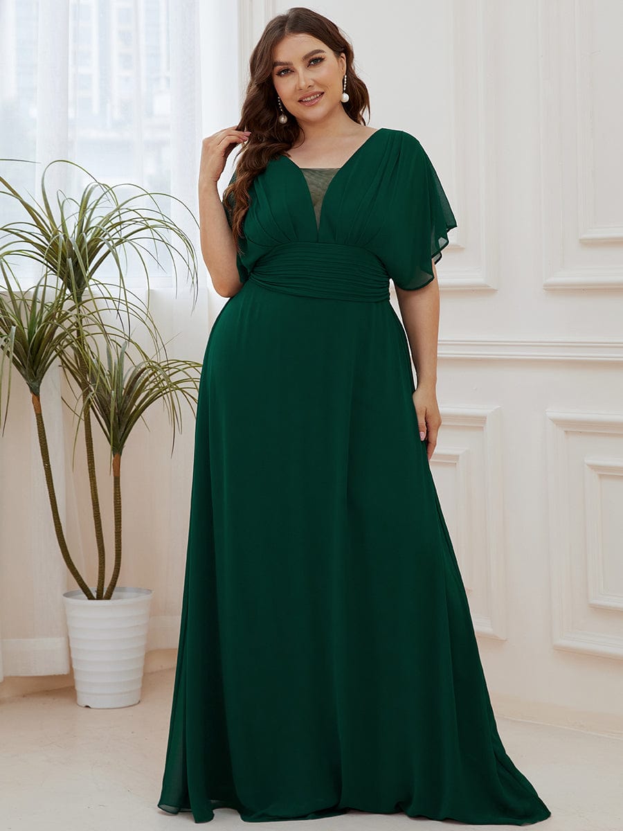 Plus Size V-neck A-Line Empire Waist Chiffon Evening Dress #color_Dark Green