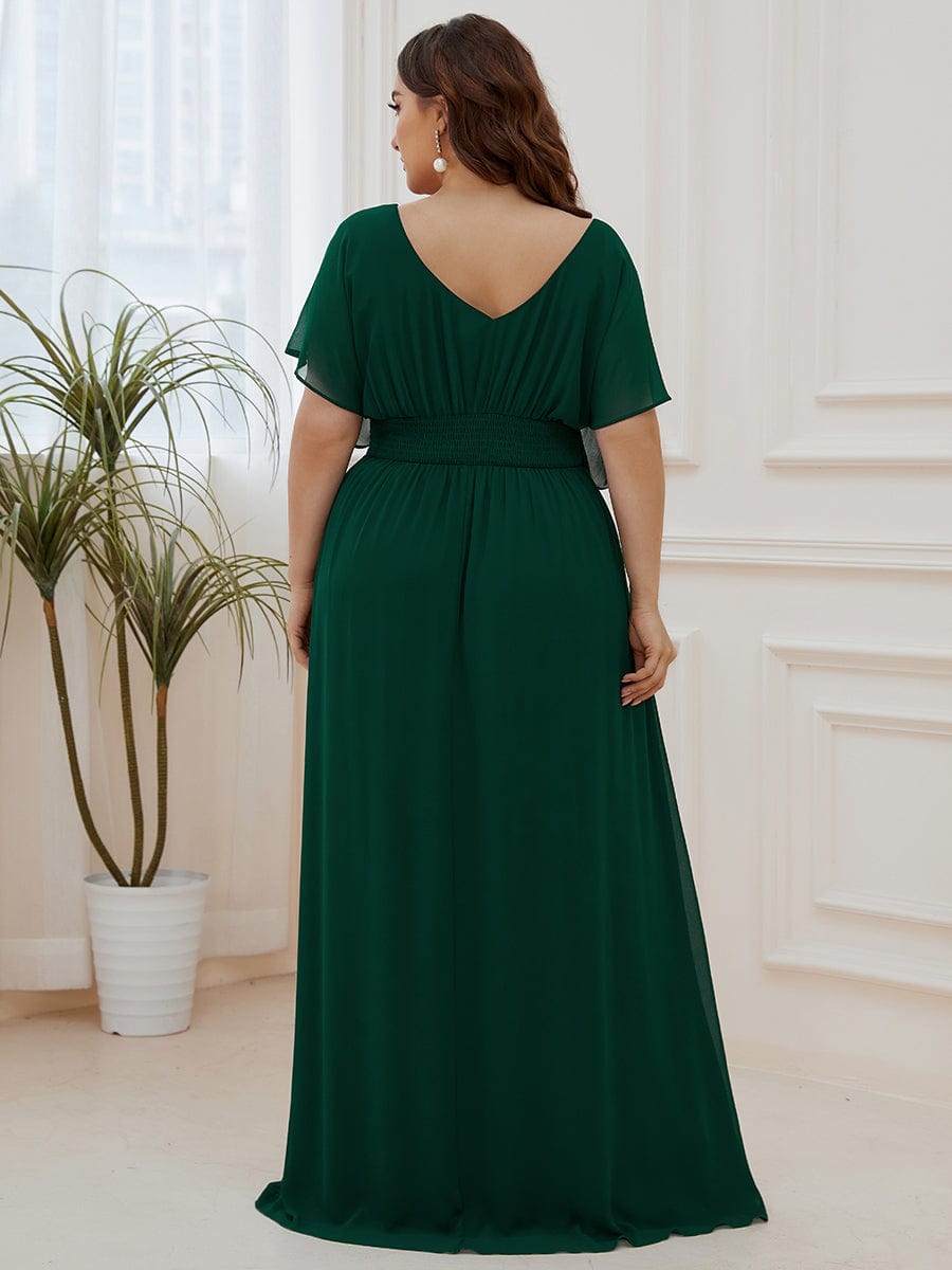 Plus Size V-neck A-Line Empire Waist Chiffon Evening Dress #color_Dark Green