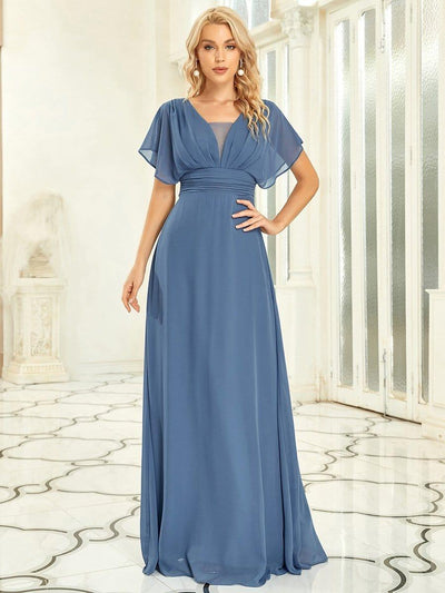 A-Line Empire Waist Chiffon Long Evening Party Dress #color_Dusty Blue