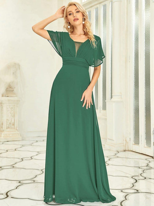 Ever-Pretty Women’s Plus Size Chiffon Formal Gown – Long Sleeves, Empire Waist, Pleated Flowy Dress For Bridesmaid, Wedding Guest, Dusty Navy, Size 26