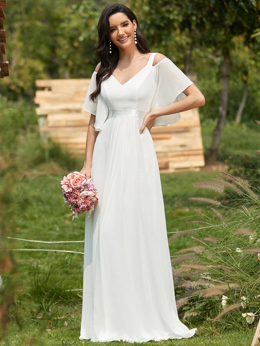 Off Shoulder Floor Length Wedding Guest Dress with Ruffle Sleeves #color_Cream