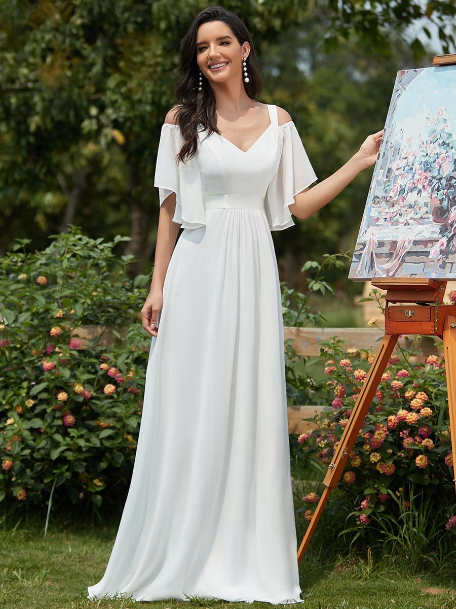Women's Off Shoulder Floor Length Bridesmaid Dress with Ruffle Sleeves #color_Cream