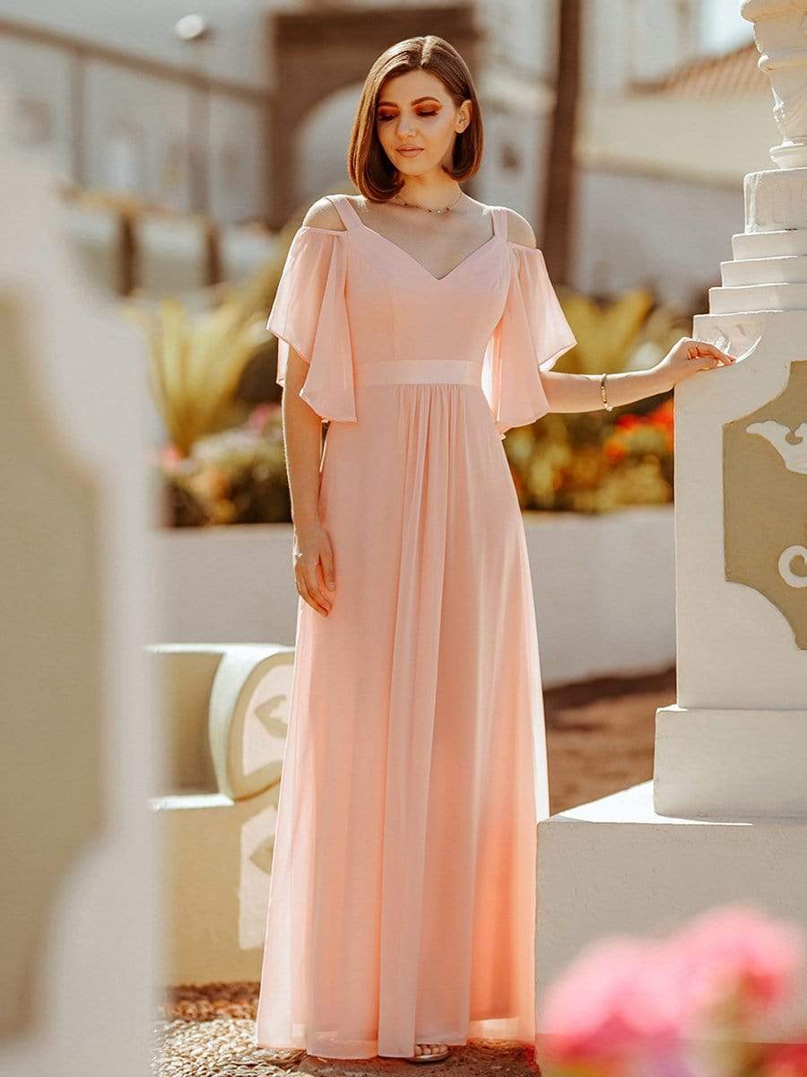 Off Shoulder Floor Length Wedding Guest Dress with Ruffle Sleeves #color_Pink