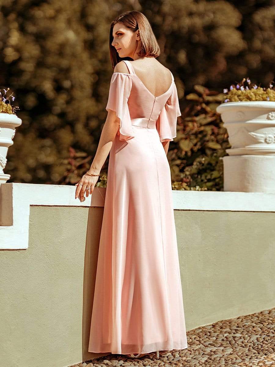 Women's Off Shoulder Floor Length Bridesmaid Dress with Ruffle Sleeves #color_Pink