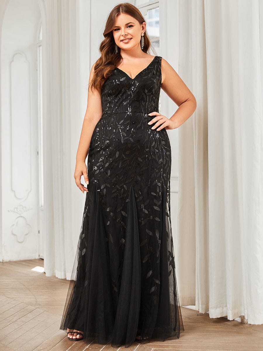 Plus Size Women's V-Neck Fishtail Seuqin Evening Dress #color_Black