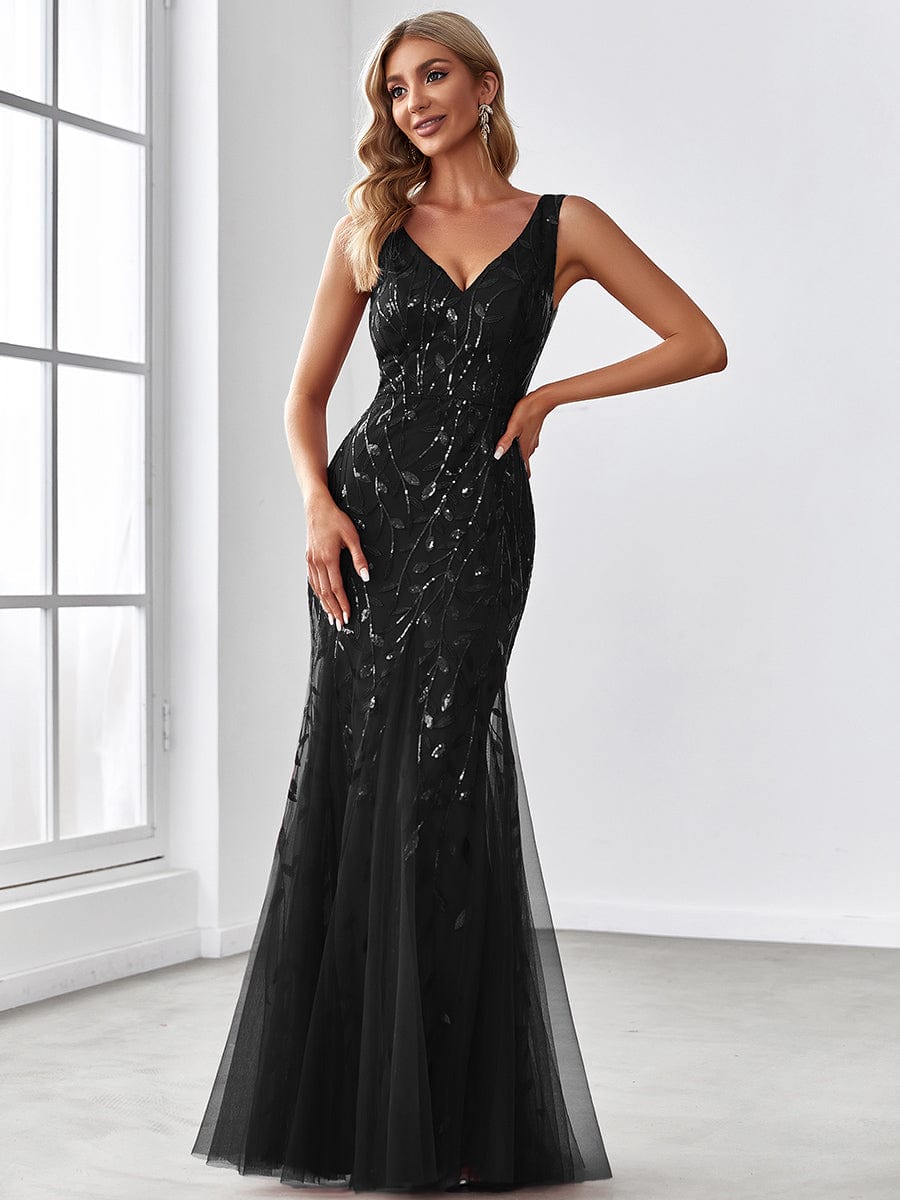 Women's Double V-Neck Fishtail Seuqin Evening Dress #color_Black