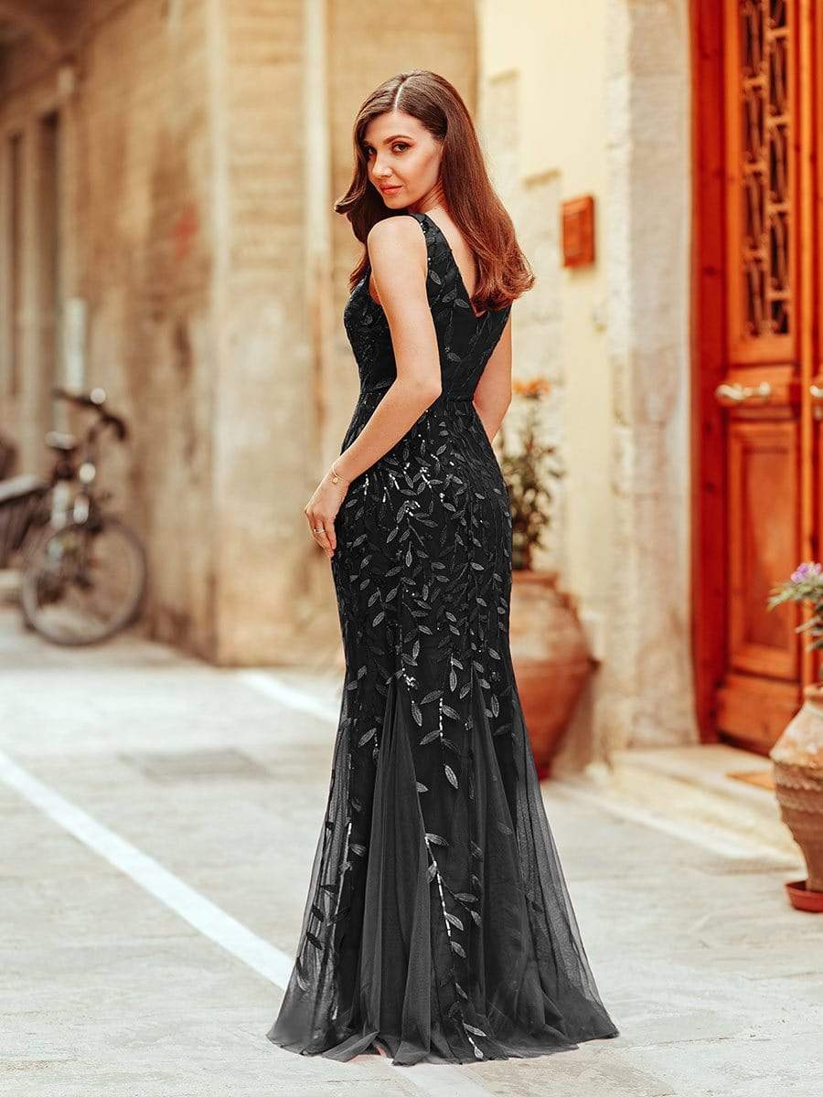 Women's Double V-Neck Fishtail Seuqin Evening Dress #color_Black