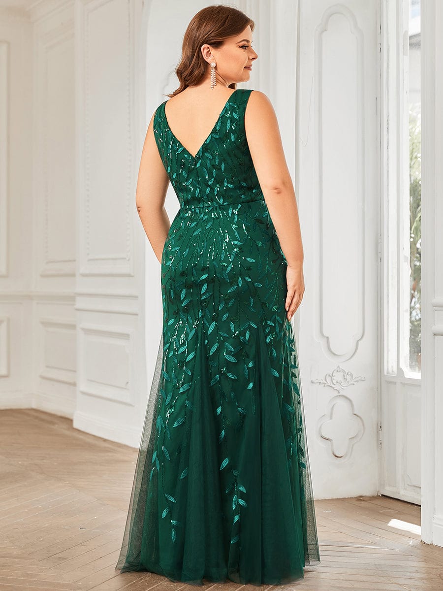 Plus Size Women's V-Neck Fishtail Seuqin Evening Dress #color_Dark Green
