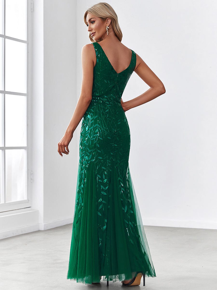 Sexy Double V-Neck Mermaid Sequin Evening Maxi Dress for Women #color_Dark Green