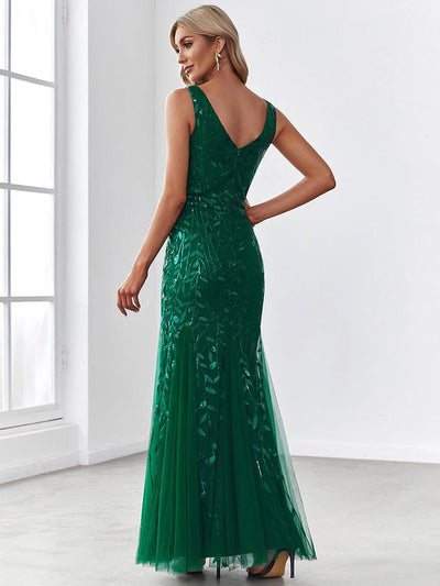 Sexy Double V-Neck Mermaid Sequin Evening Maxi Dress for Women #color_Dark Green