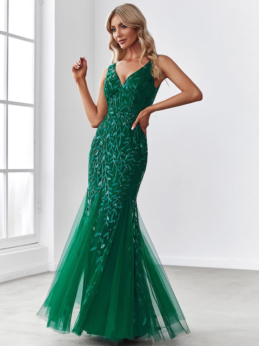 Sexy Double V-Neck Mermaid Sequin Evening Maxi Dress for Women