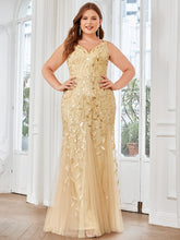 Plus Size Women's V-Neck Fishtail Seuqin Evening Dress #color_Gold