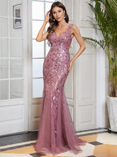 Sexy Double V-Neck Mermaid Sequin Evening Maxi Dress for Women #color_Purple Orchid