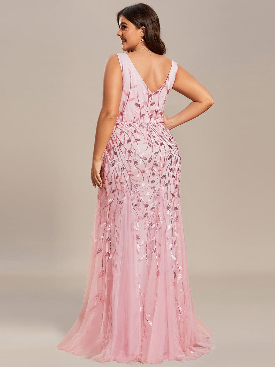 Plus Size Women's V-Neck Fishtail Seuqin Evening Dress #color_Pink