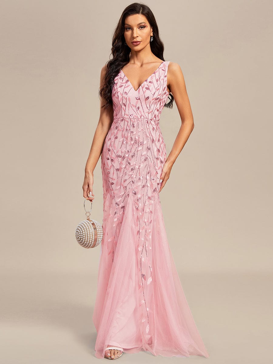 Women's Double V-Neck Fishtail Seuqin Evening Dress #color_Pink