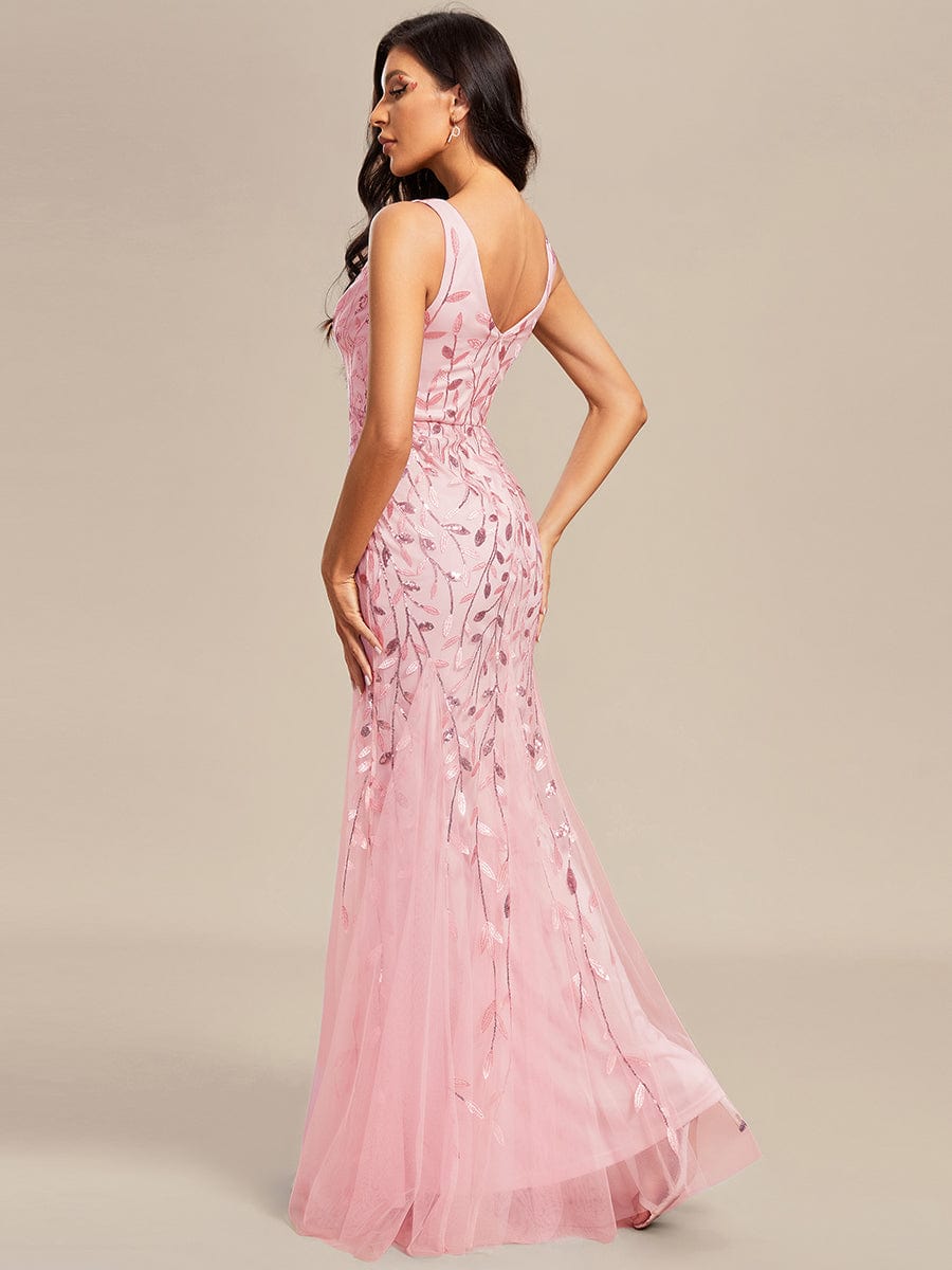 Women's Double V-Neck Fishtail Seuqin Evening Dress #color_Pink