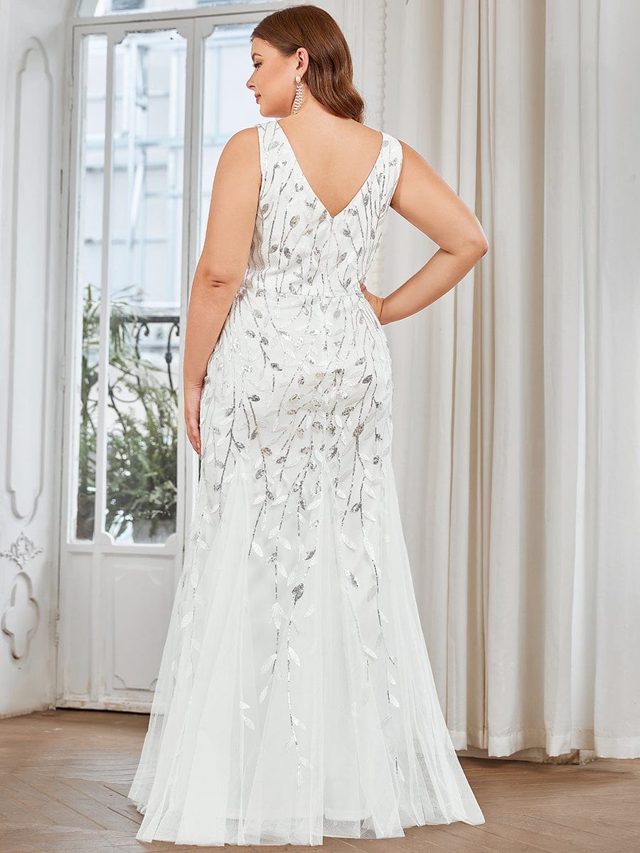 Plus Size Women's V-Neck Fishtail Seuqin Evening Dress #color_White