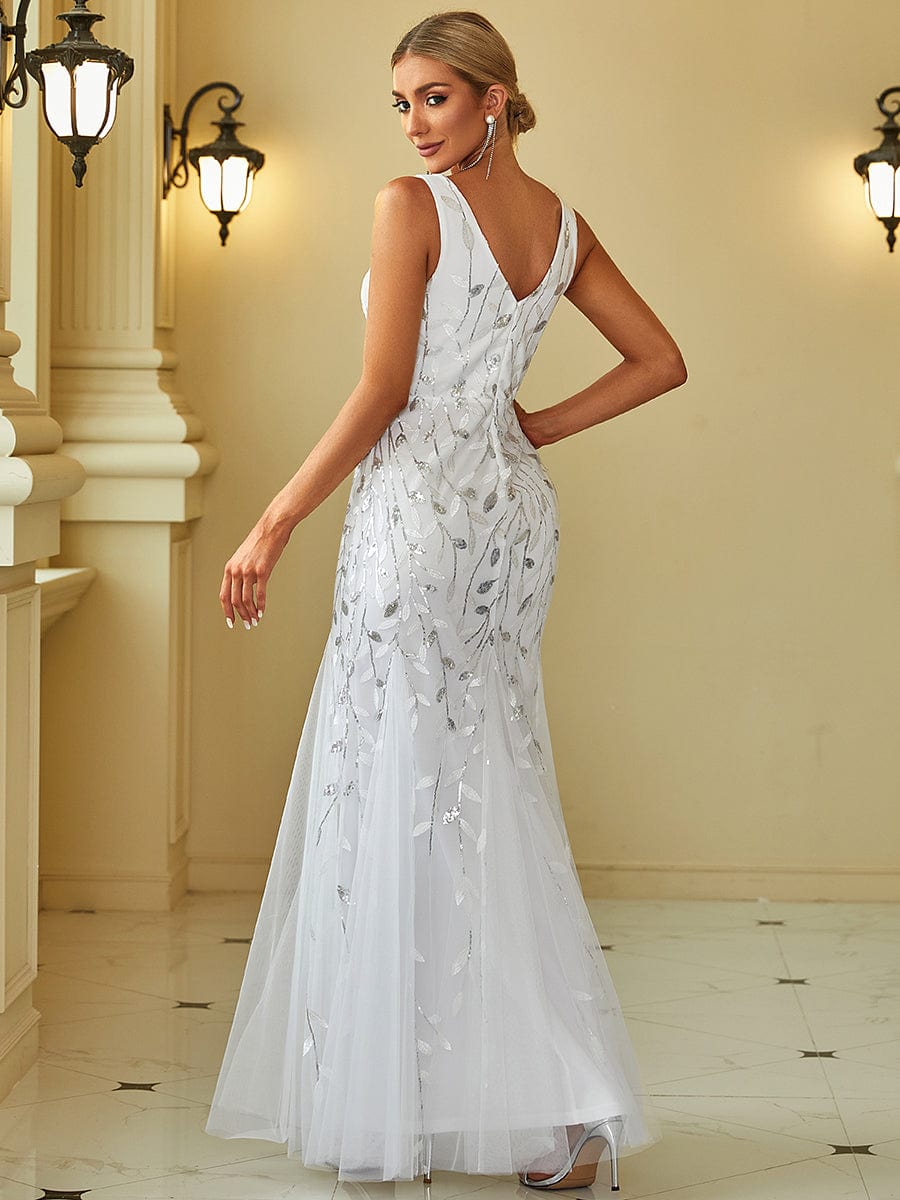 Women's Double V-Neck Fishtail Seuqin Evening Dress #color_White