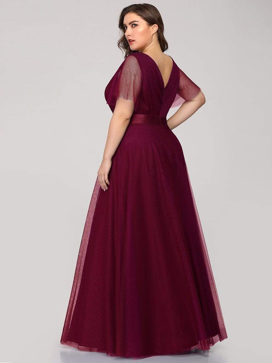 Women's Floor-Length Plus Size Bridesmaid Dress with Short Sleeve #color_Burgundy