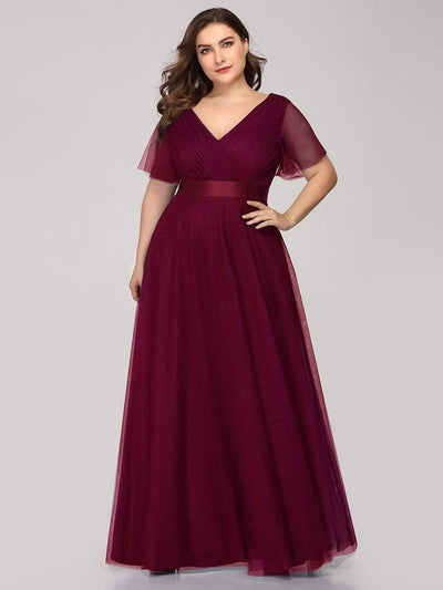 Women's Floor-Length Plus Size Bridesmaid Dress with Short Sleeve #color_Burgundy