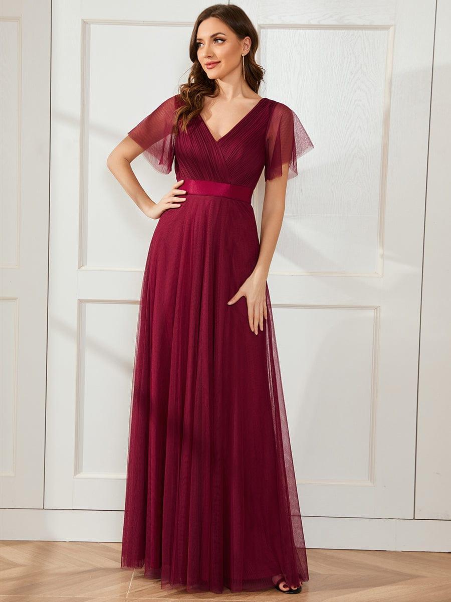 Women's Double V-Neck Floor-Length Bridesmaid Dress with Short Sleeve #color_Burgundy