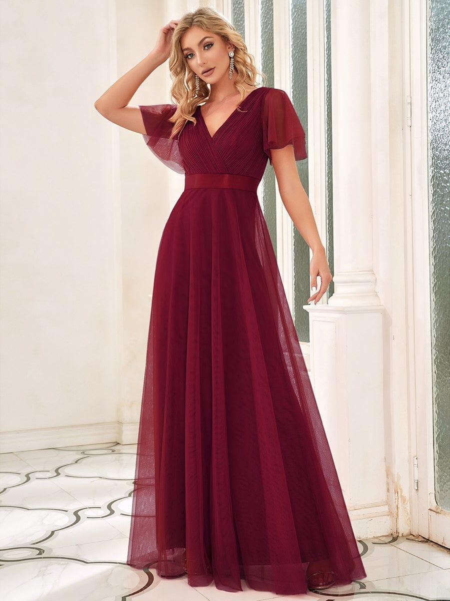 Women's Double V-Neck Floor-Length Bridesmaid Dress with Short Sleeve