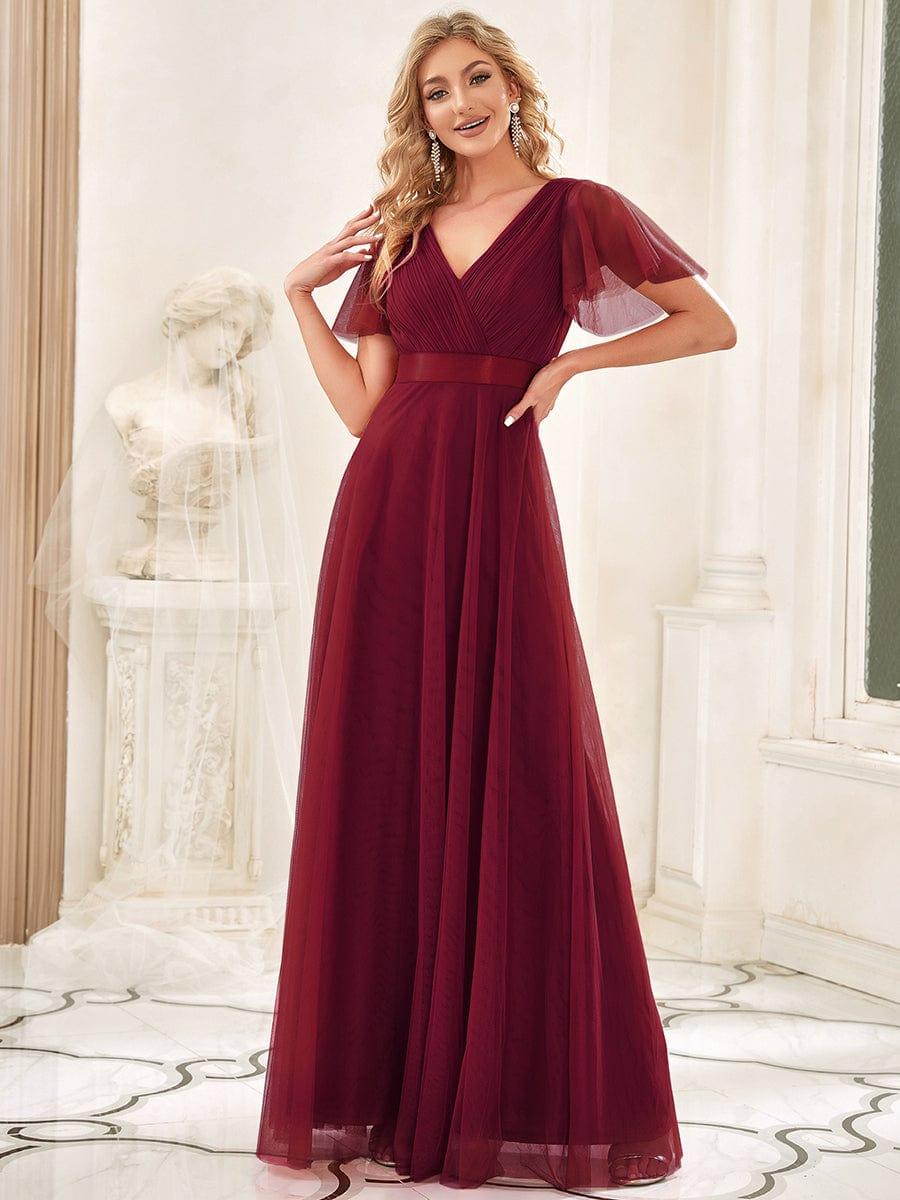 Women's Double V-Neck Floor-Length Bridesmaid Dress with Short Sleeve #color_Burgundy