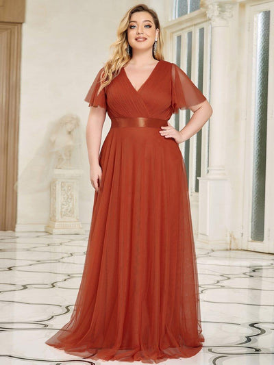 Women's Floor-Length Plus Size Bridesmaid Dress with Short Sleeve #color_Burnt Orange