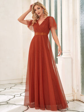 Custom Size Double V-Neck Floor-Length Bridesmaid Dress with Short Sleeve