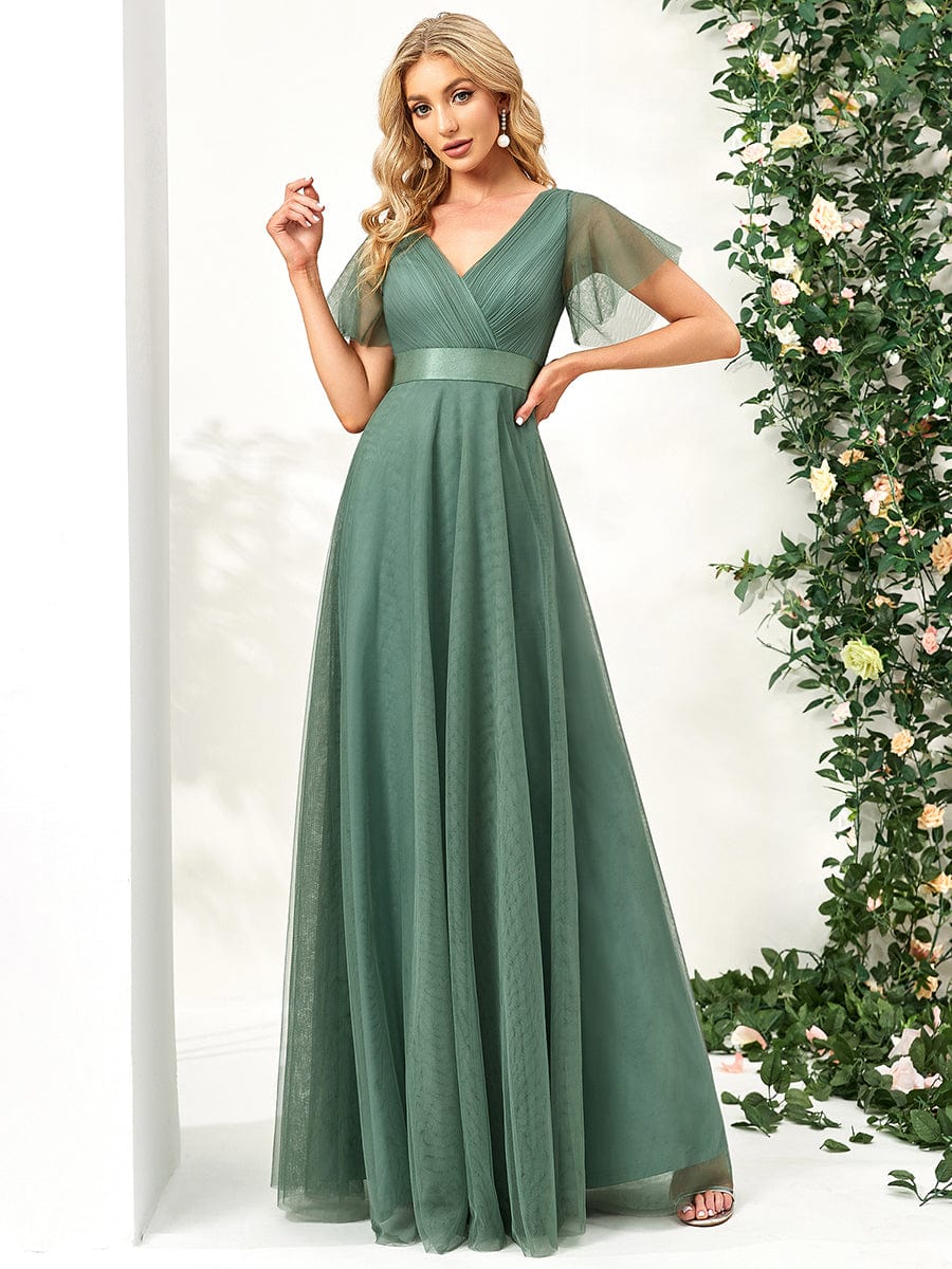 Custom Size Double V-Neck Floor-Length Bridesmaid Dress with Short Sleeve #color_Green Bean