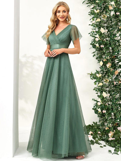 ever MISTE|Custom Size Double V-Neck Floor-Length Bridesmaid Dress with Short Sleeve