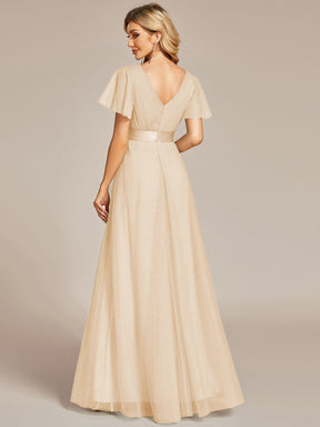 Custom Size Double V-Neck Floor-Length Bridesmaid Dress with Short Sleeve