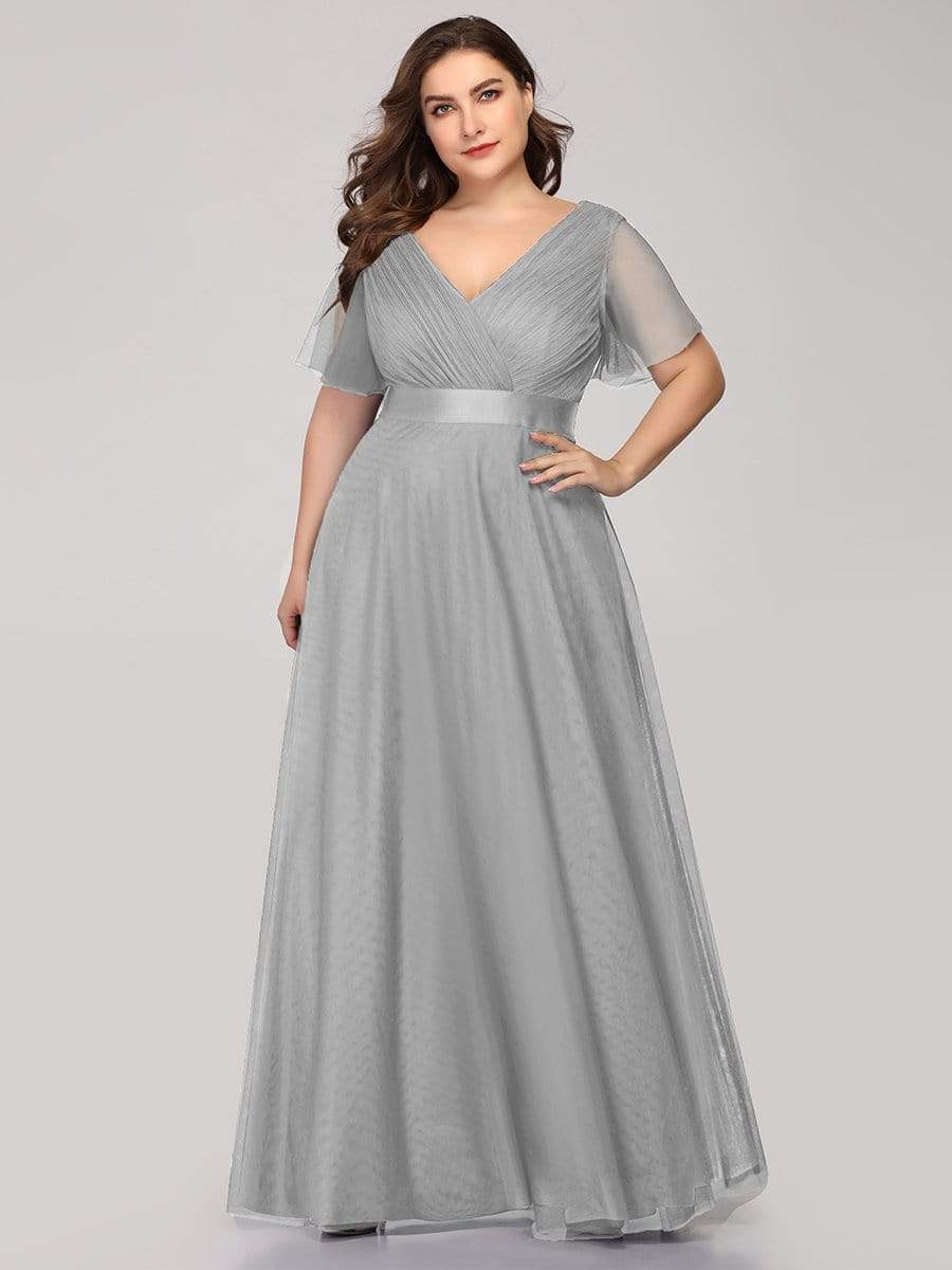 Women's Floor-Length Plus Size Bridesmaid Dress with Short Sleeve #color_Grey