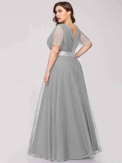 Women's Floor-Length Plus Size Bridesmaid Dress with Short Sleeve #color_Grey