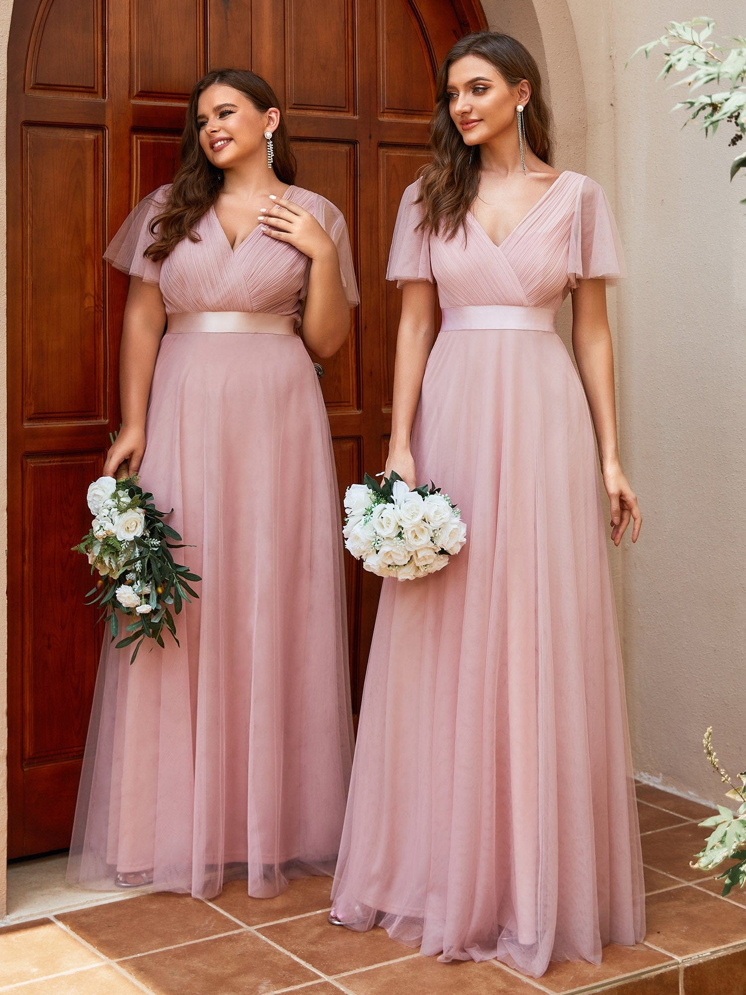 Women's Double V-Neck Floor-Length Bridesmaid Dress with Short Sleeve #color_Pink