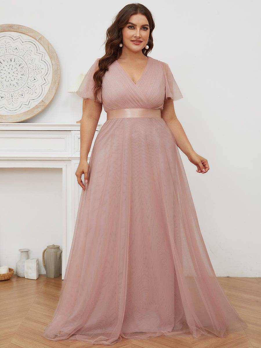 Women's Floor-Length Plus Size Bridesmaid Dress with Short Sleeve #color_Pink