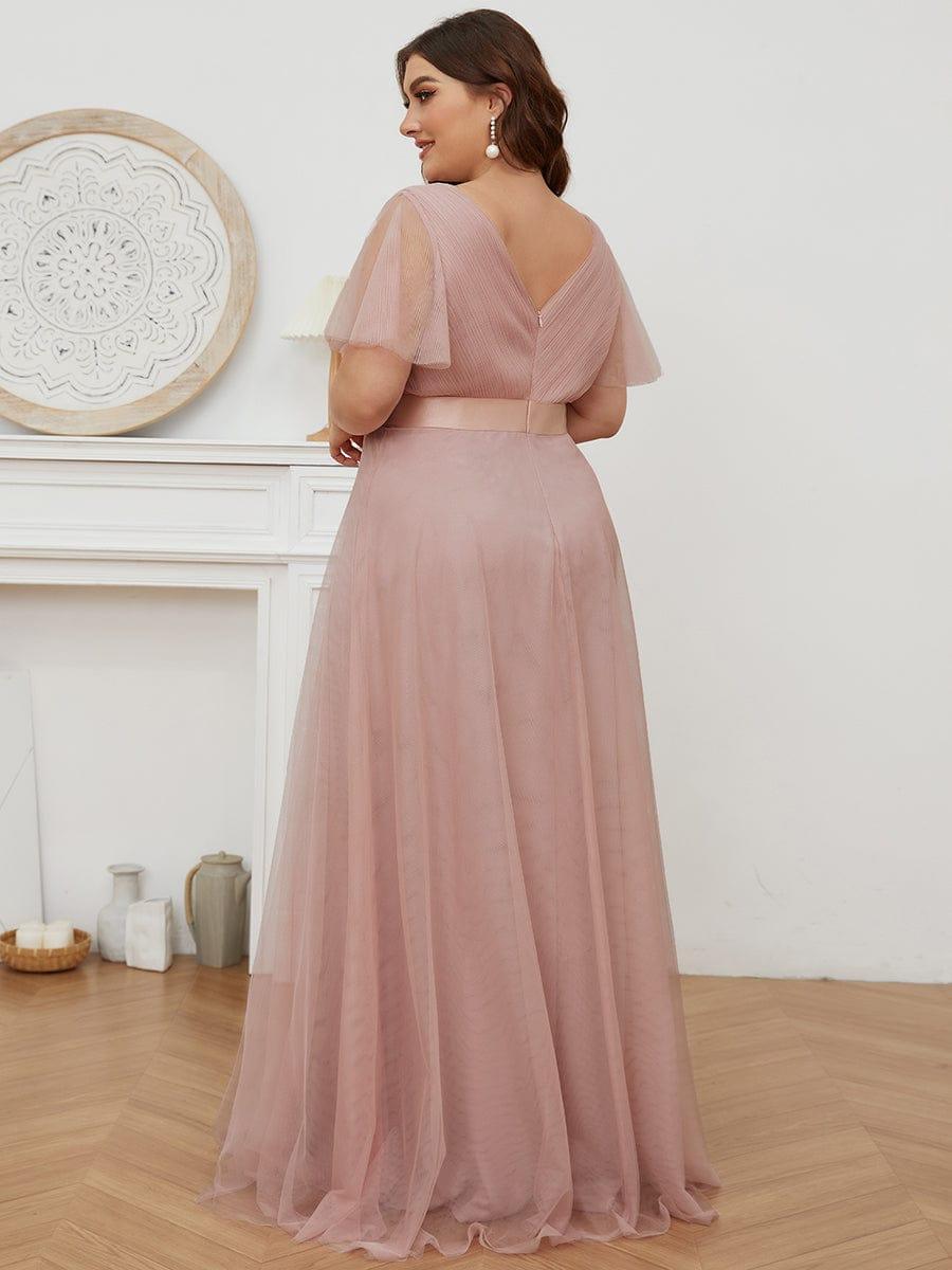 Women's Double V-Neck Floor-Length Bridesmaid Dress with Short Sleeve