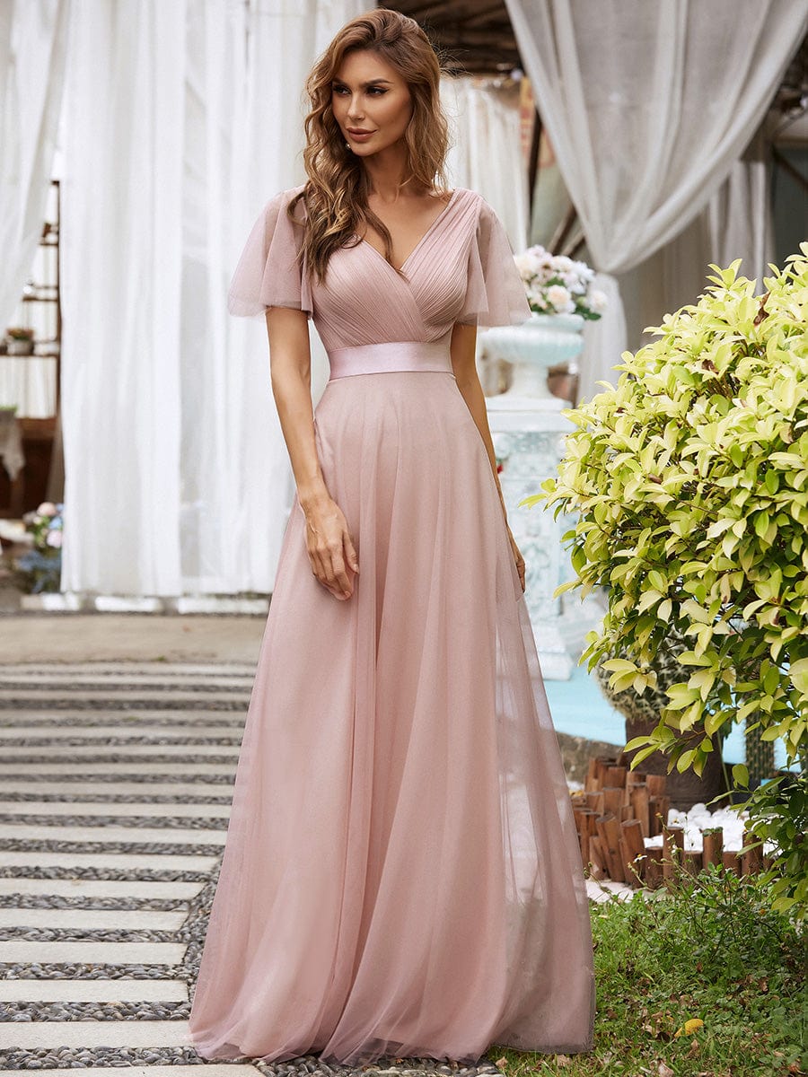 Custom Size Double V-Neck Floor-Length Bridesmaid Dress with Short Sleeve #color_Pink
