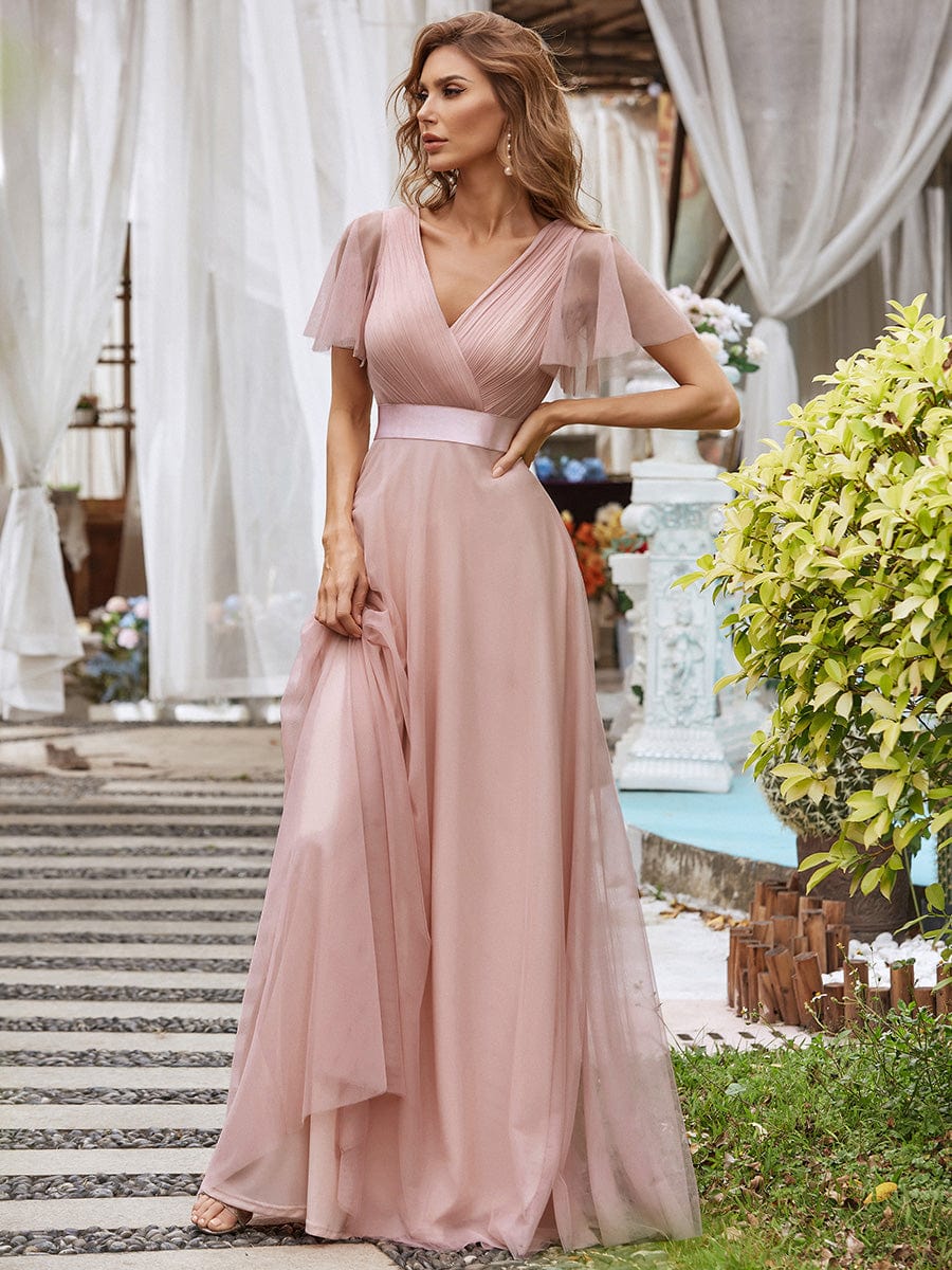Custom Size Double V-Neck Floor-Length Bridesmaid Dress with Short Sleeve #color_Pink