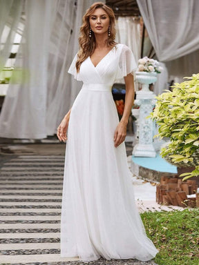 Double V Neck Short Sleeve Maxi Bridesmaid Tulle Dress Ever