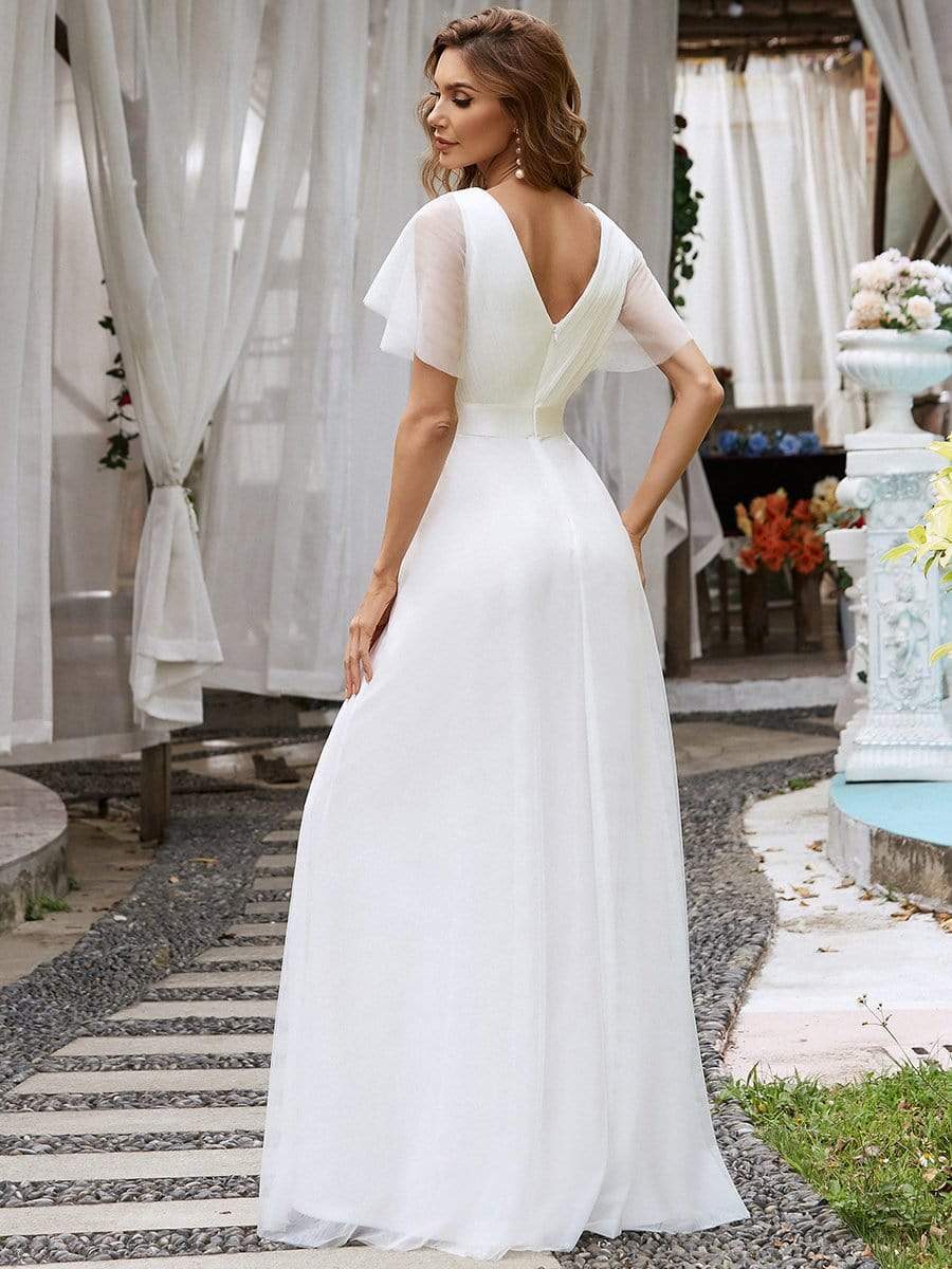 Custom Size Double V-Neck Floor-Length Bridesmaid Dress with Short Sleeve #color_White