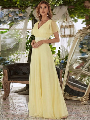 Women's Double V-Neck Floor-Length Bridesmaid Dress with Short Sleeve