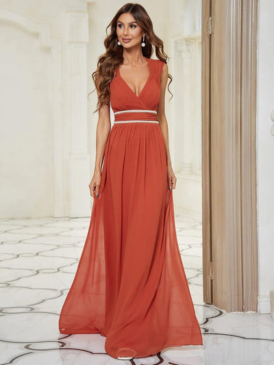 Ruched V-neck Floor Length Elegant Bridesmaid Dress #color_Burnt Orange
