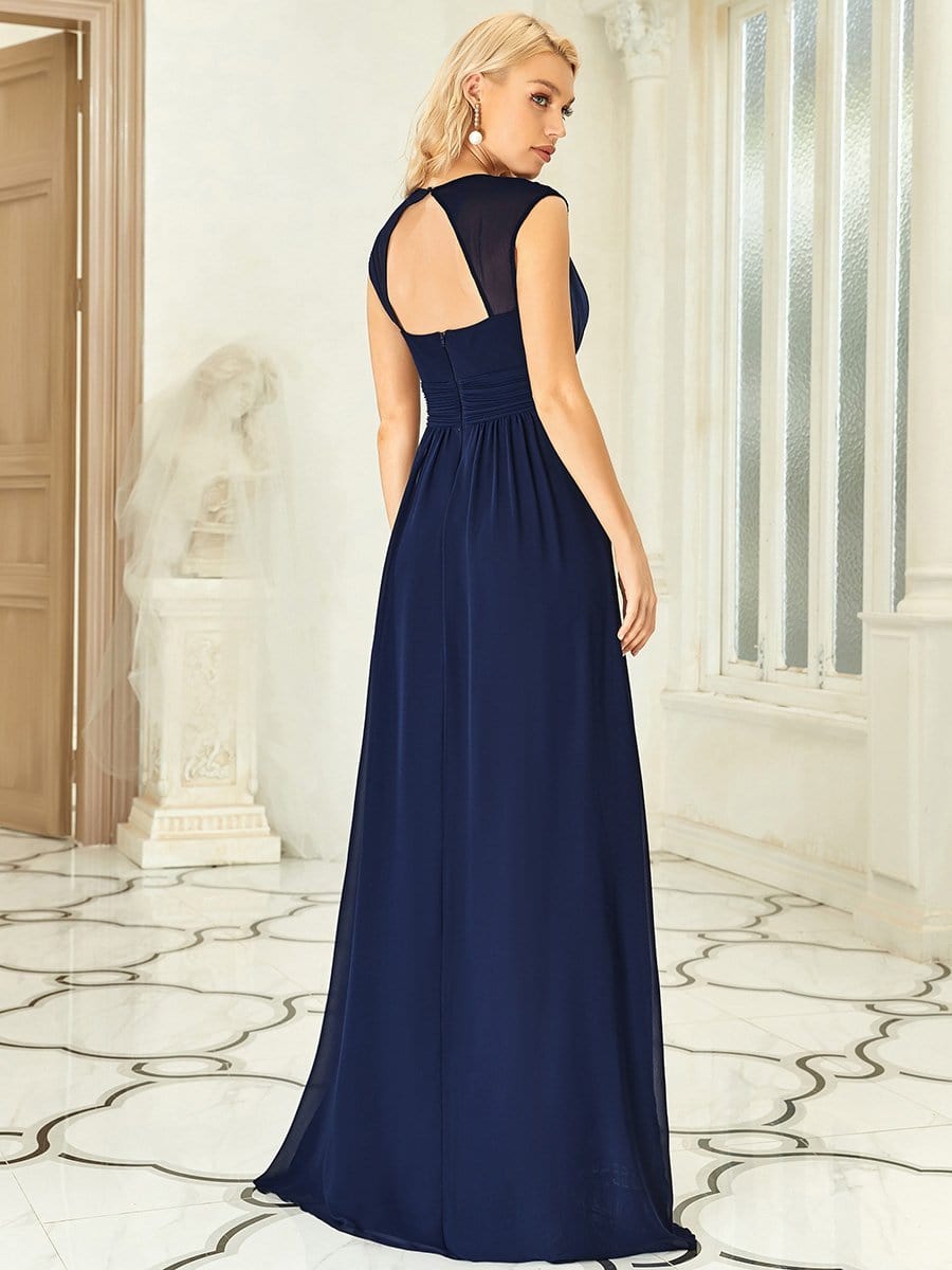 Ruched V-neck Floor Length Elegant Bridesmaid Dress #color_Navy Blue