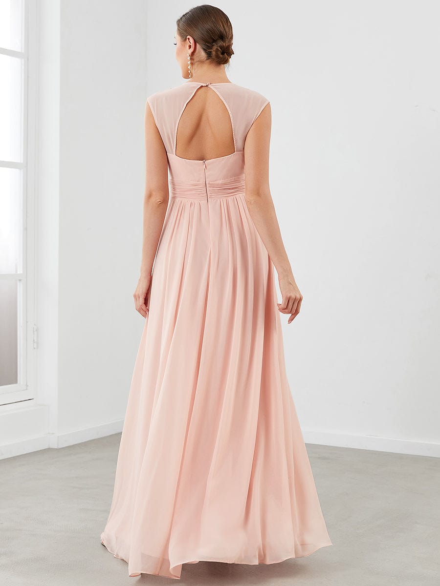 Ruched V-neck Floor Length Elegant Bridesmaid Dress #color_Pink