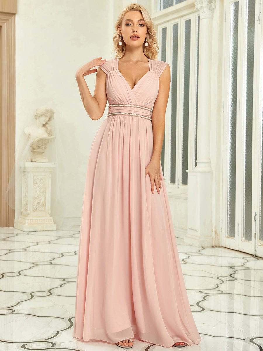 Custom Size Ruched V-neck Floor Length Elegant Bridesmaid Dress #color_Pink