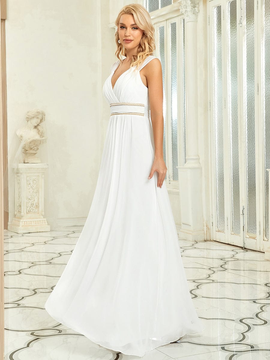 Custom Size Ruched V-neck Floor Length Elegant Bridesmaid Dress #color_White